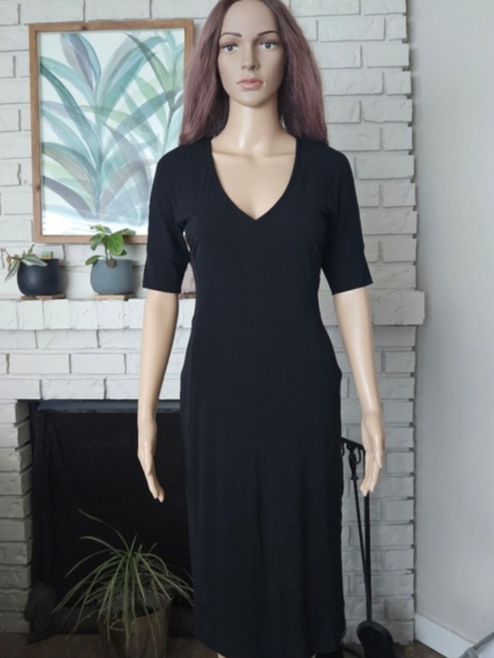 Lida Baday Black V-Neck Midi Dress - Women's Sheath Half Sleeves Vintage